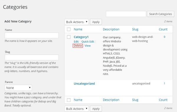 WordPress delete category